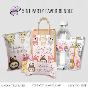 Labubu Birthday Party Chip Bag Template: Kawaii Treat Bag (Canva, Digital Download)