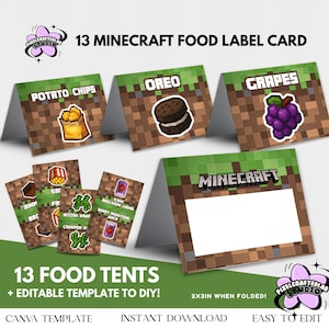 Tarjeta de comida de cumpleaños de Minecrafter / Etiqueta de comida / Tarjetas de lugar para fiestas / Etiqueta de tienda de comida para fiestas de descarga instantánea / Etiqueta de comida imprimible