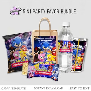 Editable Sonic 3 Party Favor Bundle, Hedgehog Party Set, Gamer Party Favor, Custom Party Favor, Sonic Party Set, Editable Party Template