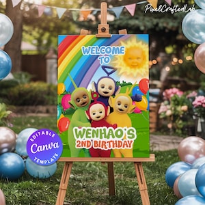 Póster de bienvenida editable para fiesta de cumpleaños de los Teletubbies, telón de fondo para fiesta, idea para fiesta infantil, pancarta de cumpleaños, recuerdo de fiesta de cumpleaños.