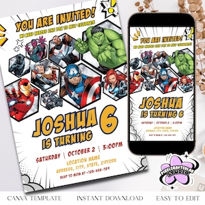 Convite de aniversário de super-herói | Convite para festa infantil de super-herói | Convite de herói editável | Download instantâneo | Festa para meninos e meninas | Convite de história em quadrinhos
