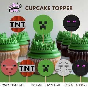 Topos de Cupcake Minecrafter para Imprimir | Decoração de Festa de Aniversário Gamer | Download Digital