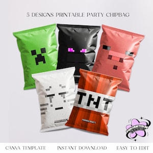 Minecrafter Birthday Chip Bags: Gamer Party Favors, 5 Designs (Canva Template - Digital Download