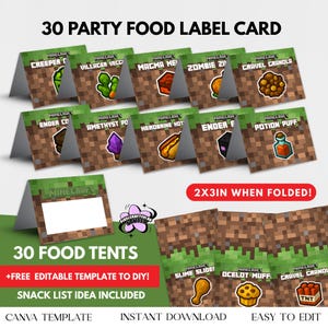 Tarjetas de etiquetas de comida para Minecrafter, tarjetas de carpa para fiesta de Minecrafter, decoración de cumpleaños de Minecrafter, decoración de fiesta de Minecrafter, etiquetas de comida para fiesta