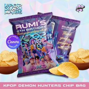 Bewerkbare Kpop Demon Hunters-verjaardagschipzakje | Label op zak: Demon Hunters-chip | Huntrix-feesttas | Saja-feesttas voor jongens | Kpop Demon Hunter