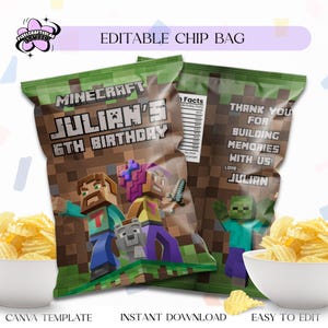 Editable Minecrafter Chip Bag: Birthday Party Printable (Digital Download)
