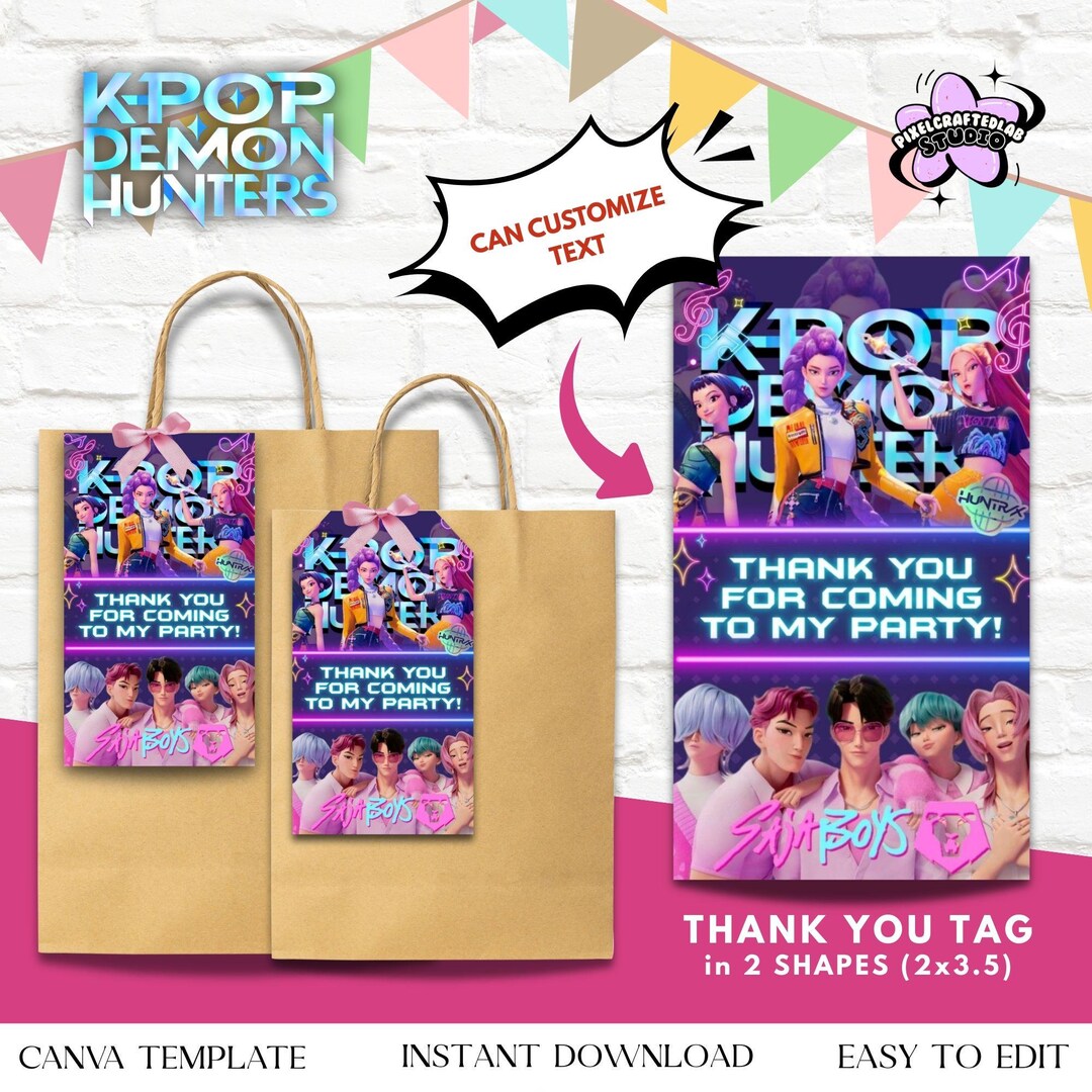 KPOP Demon Hunters Party Favor Tags | Kpop Birthday Thank You Tags ...
