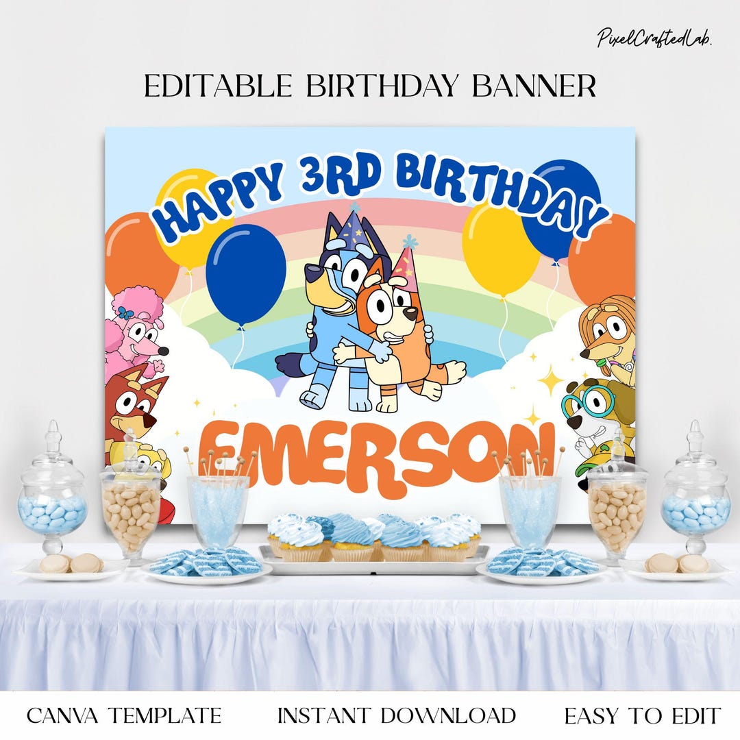 Editable Bluey Party Banner Backdrop for Boy Printable, Birthday Party ...
