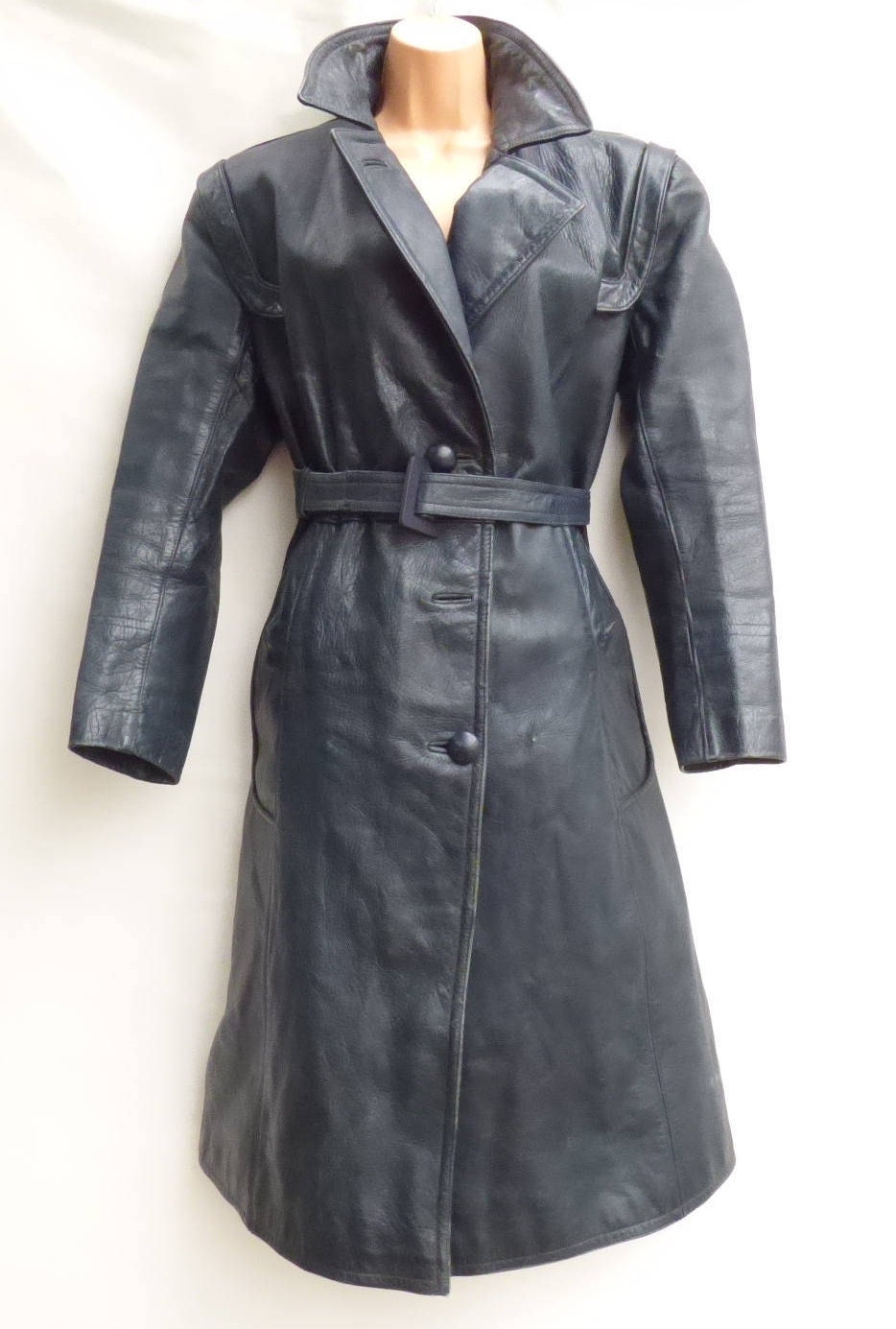 Image of Women's Vintage Mid Calf Thick Blue % Leather Coat Size Uk