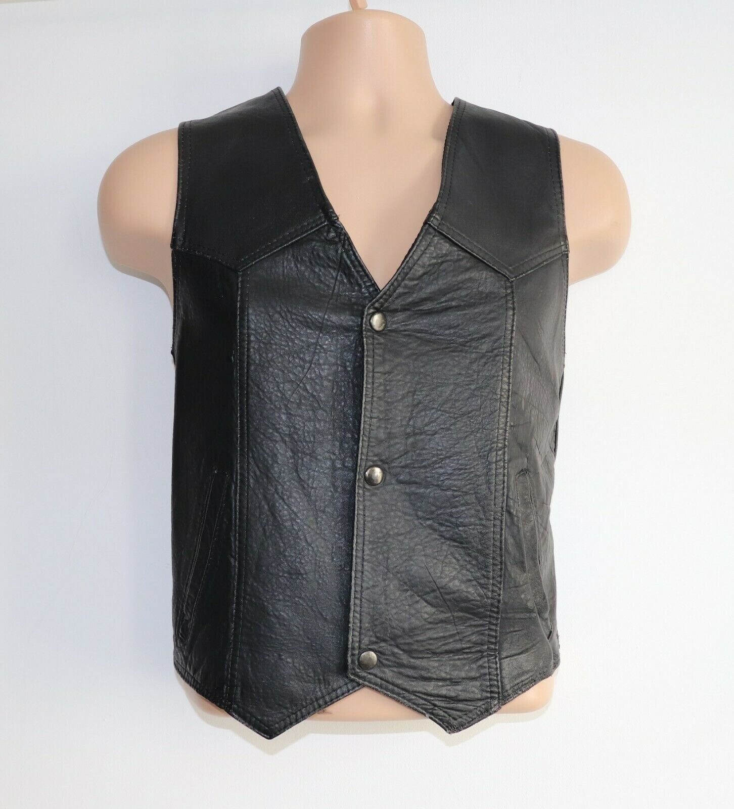 Image of Men's Vintage Black 100% Leather Waistcoat Vest Size M Pit To 20.5In 52cm