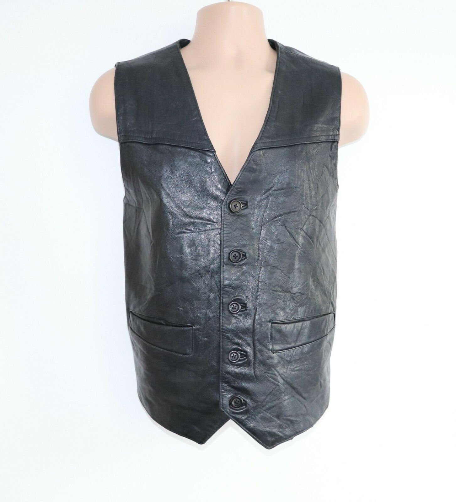 Image of Men's Vintage Fitted Black 100% Leather Waistcoat Vest Size L Pit To 23In-58cm