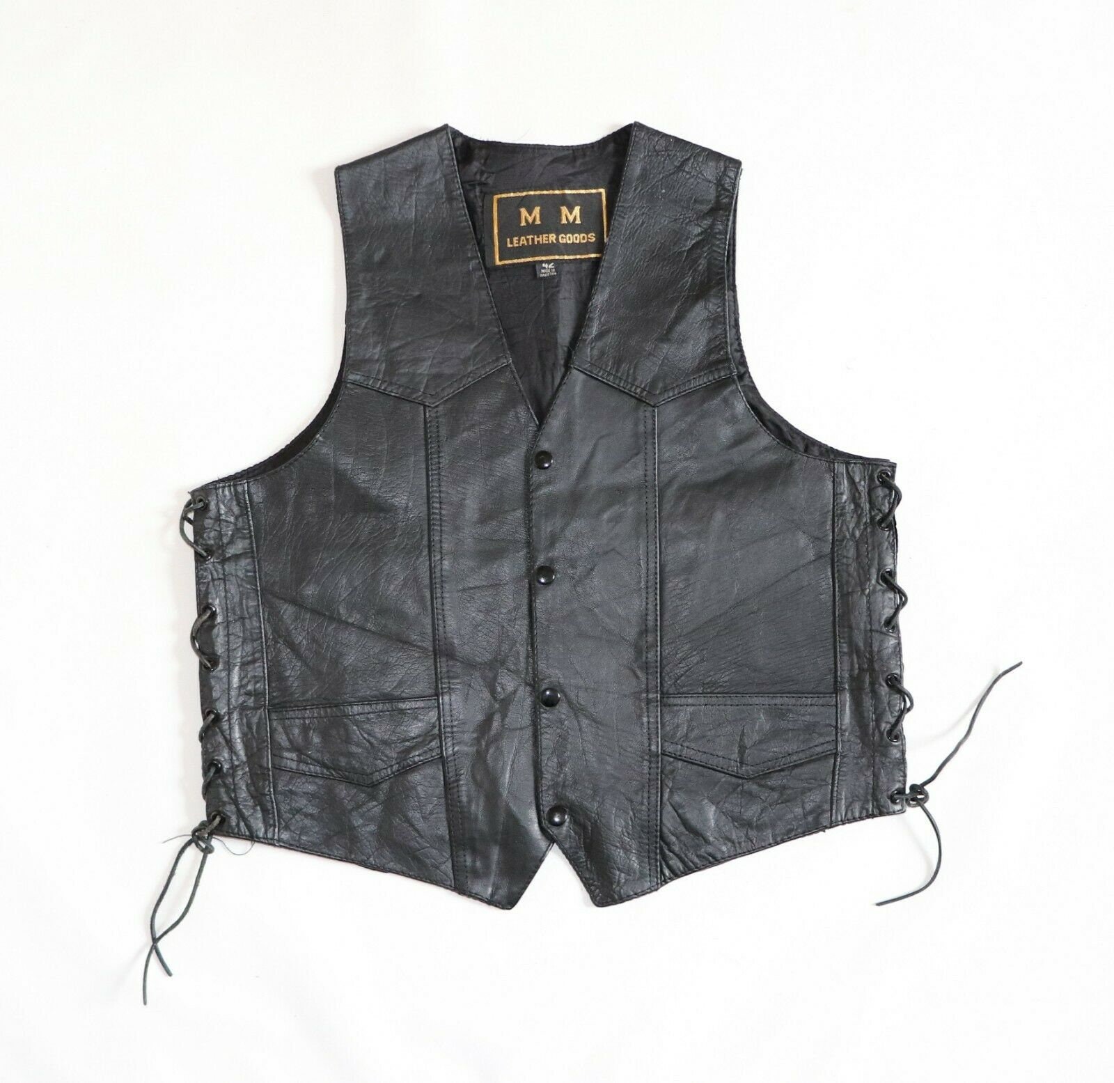 Image of Men's Vintage M Lace Up Black 100% Leather Rocker Biker Waistcoat Vest Size Xl/ Pit To 22 in - 56 cm
