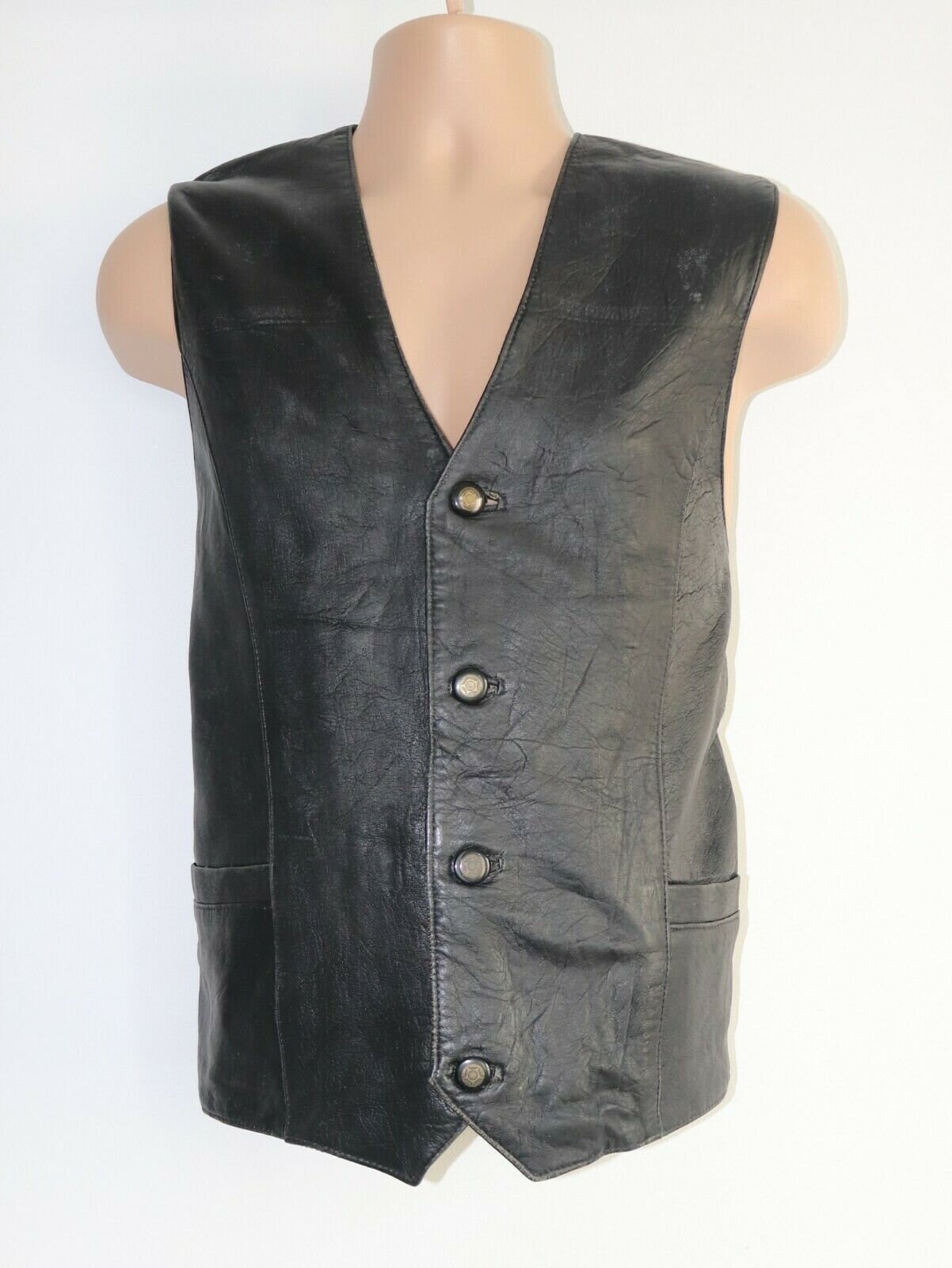 Image of Men's Vintage Fitted Black 100% Leather Waistcoat Vest Size L Xl/Pit To 22.5In - 57cm