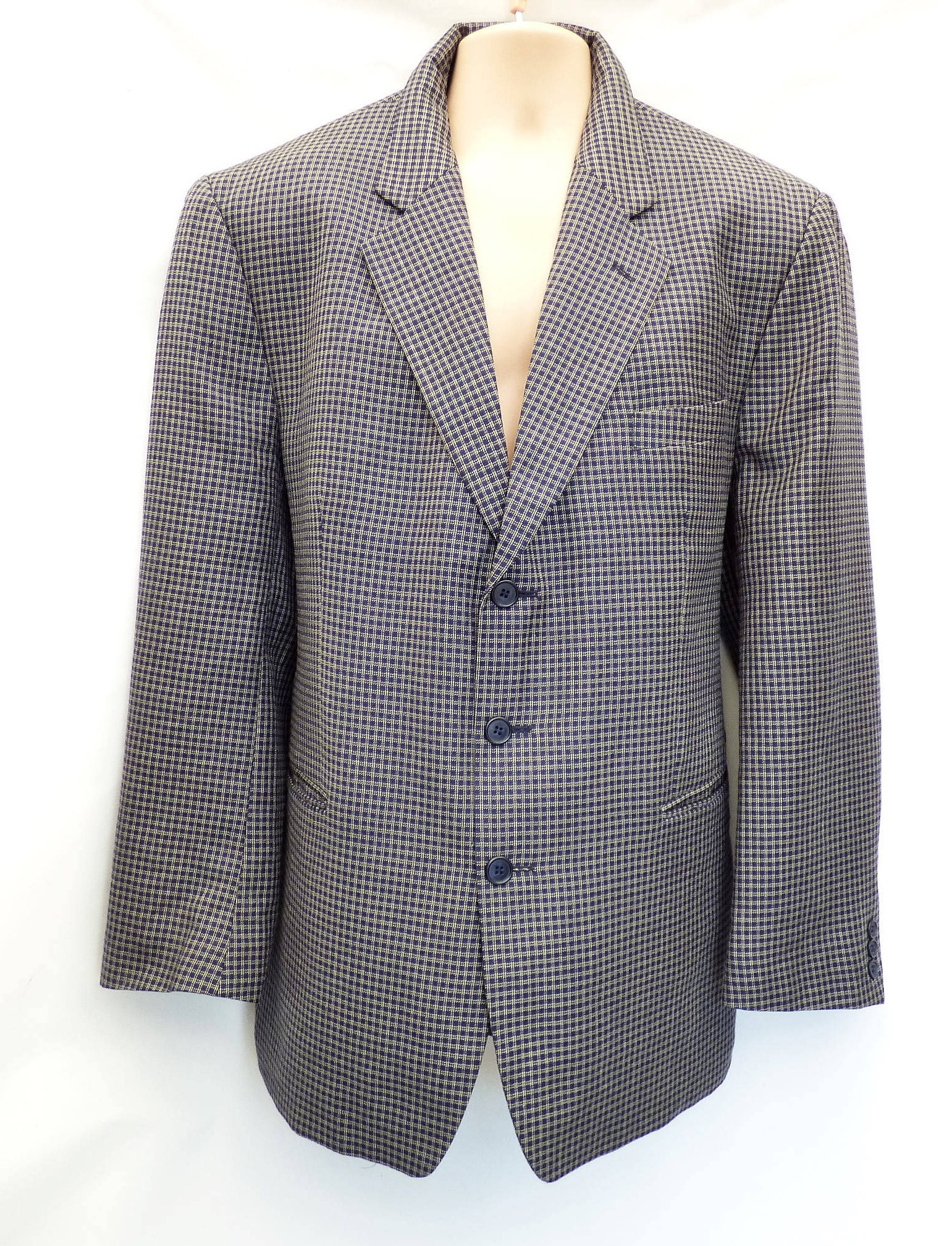 Image of Men's Vintage Paolo Negrato Sports Blue Beige Check Wool Silk Blazer Jacket Xl Pit To 25In