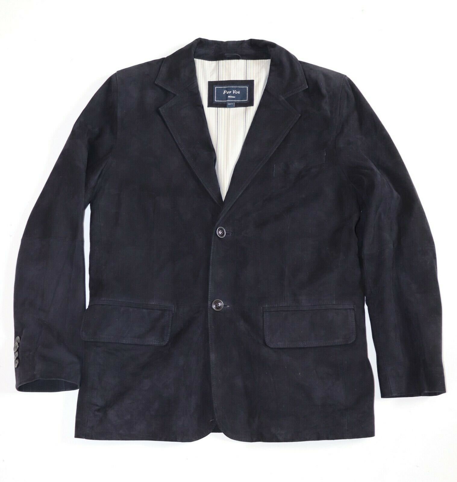 Image of Men's Vintage Per Voi "Milano" Black Navy 100% Leather Blazer Jacket Coat L Pit To 24In