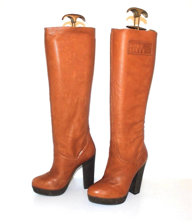 Women/'s Vintage MISS SXTY Tan Real Leather Pull On Platform Boots Size UK2 EU35