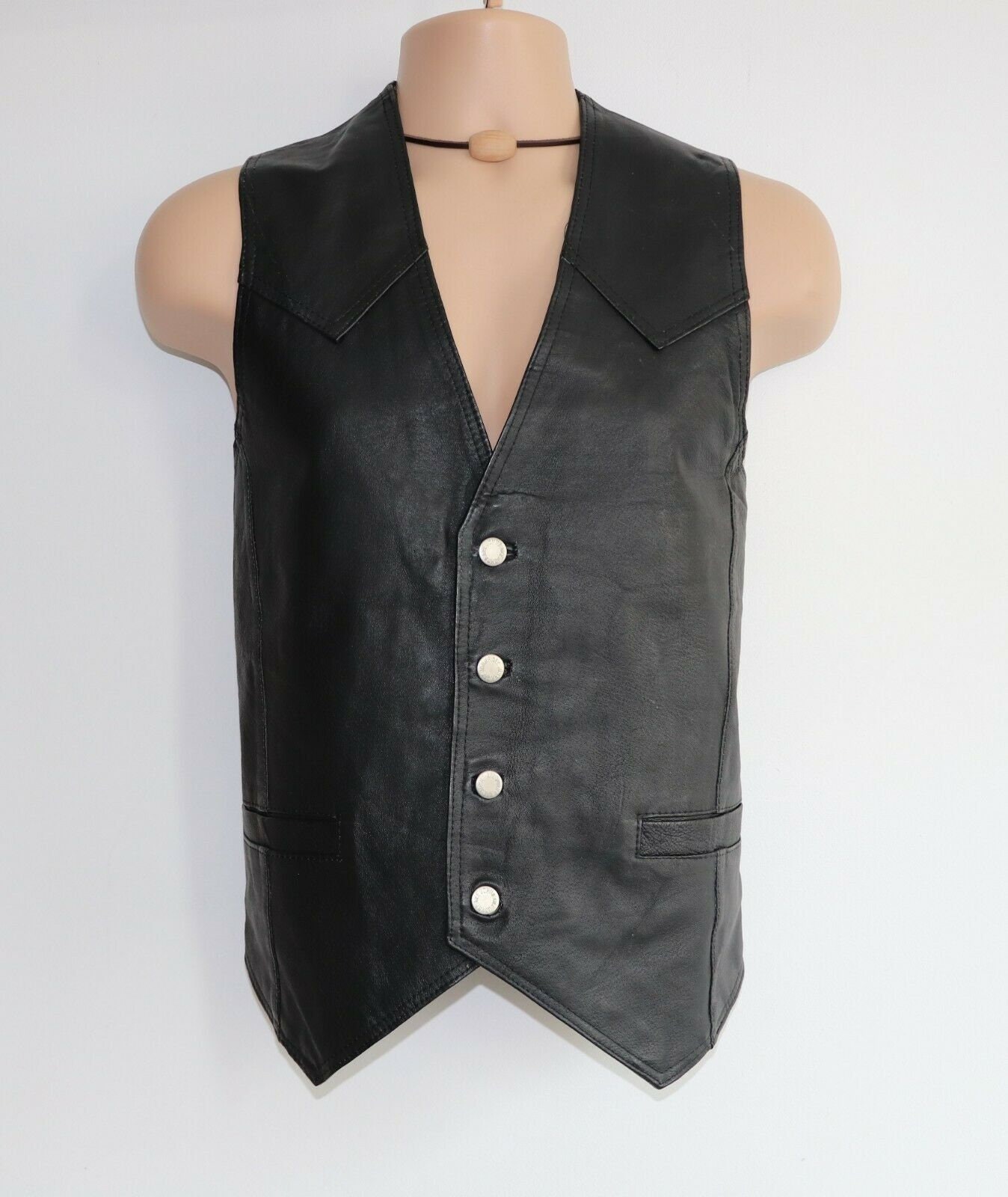 Image of Men's Vintage John F. Gee Black 100% Leather Waistcoat Vest Size 004/Pit To 22.5In