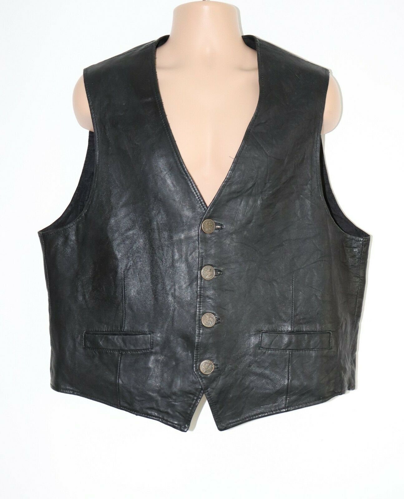 Image of Men's Vintage C&a Fitted Black 100% Leather Biker Rocker Waistcoat Vest Size Xl/Pit To 24 in - 61 cm