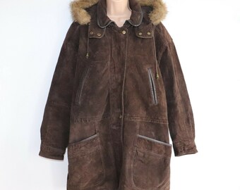 Women's Vintage Cianelli Hooded Brown 100% Leather Suede Parka Jacket UK12