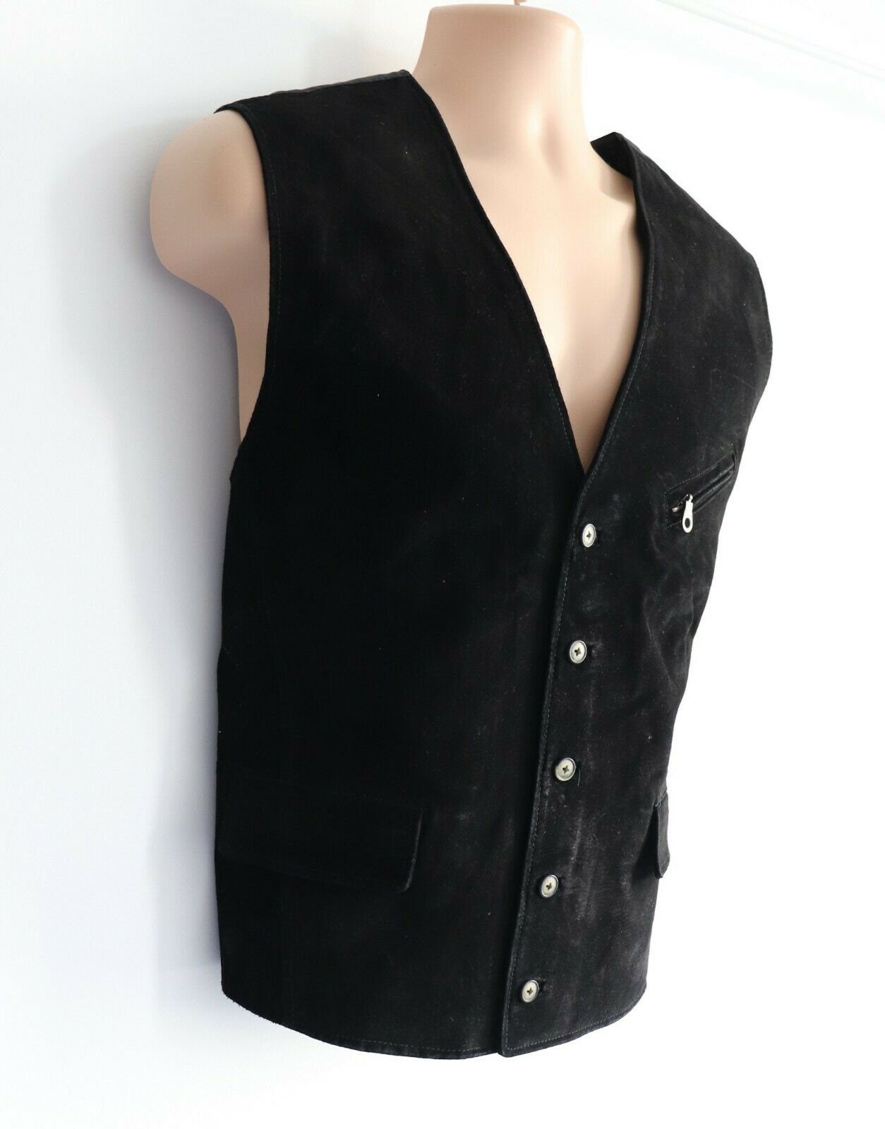 Image of Men's Vintage Jefferson Front Black 100% Leather Waistcoat Vest Size Xxl/ Pit To 24In-61cm