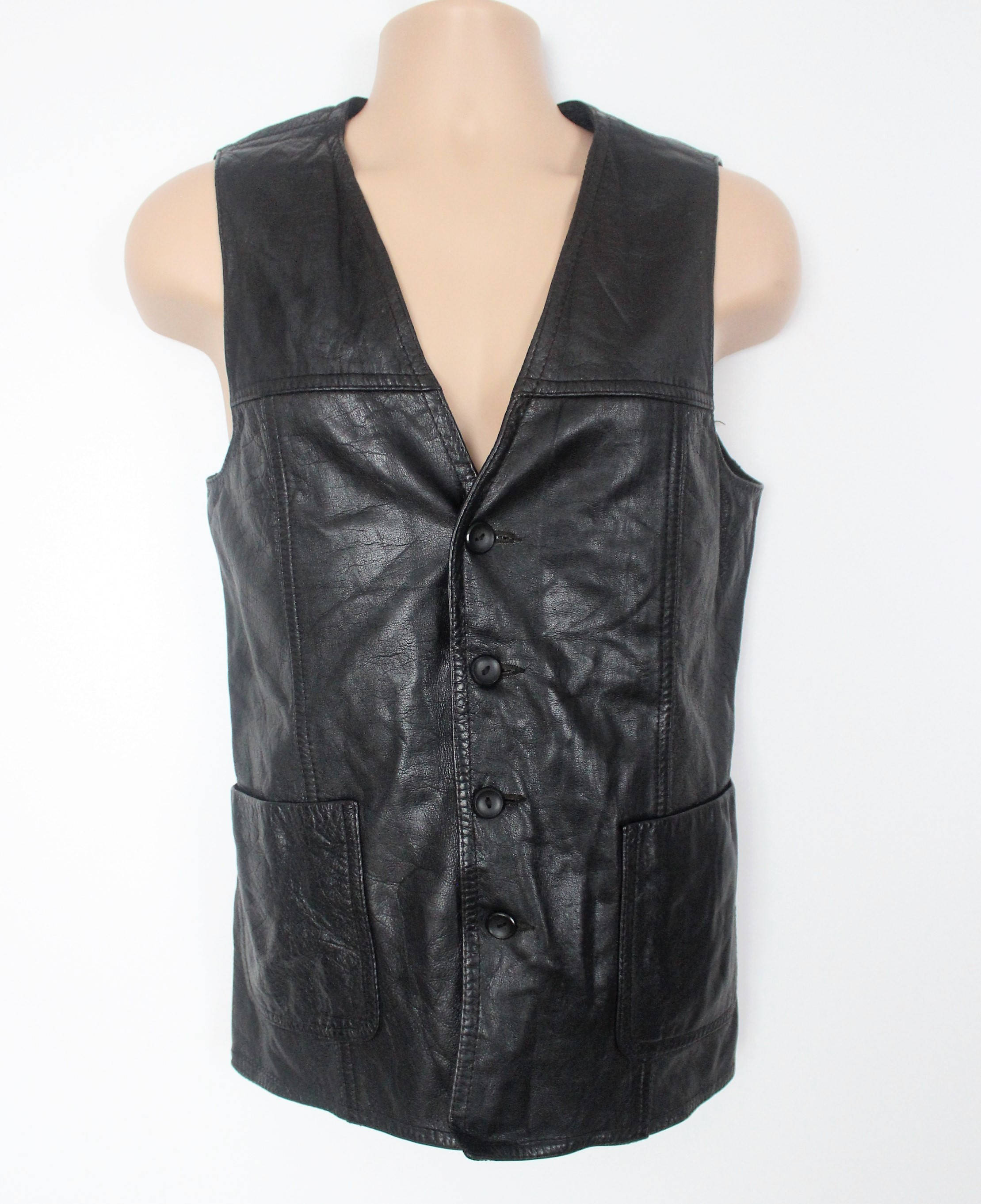 Image of Men's Vintage Black 100% Leather Waistcoat Vest Size M Pit To 20In 51cm