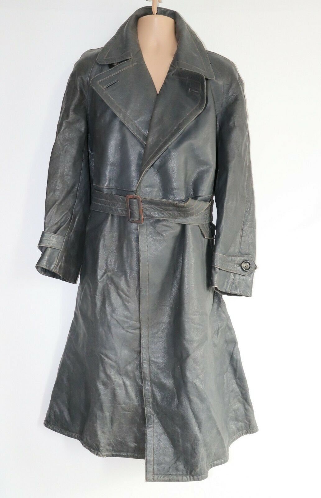 Image of Men's Vintage Grey Thick 100% Leather Officer Coat Size M Pit To 20In 51cm