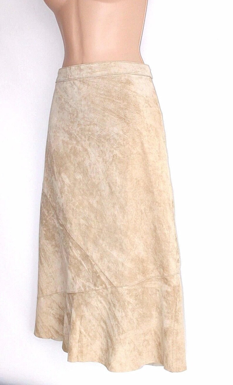 Women/'s Vintage ESTELLE Mid Calf Beige 100/% Leather Suede Skirt size UK12 Waist 30