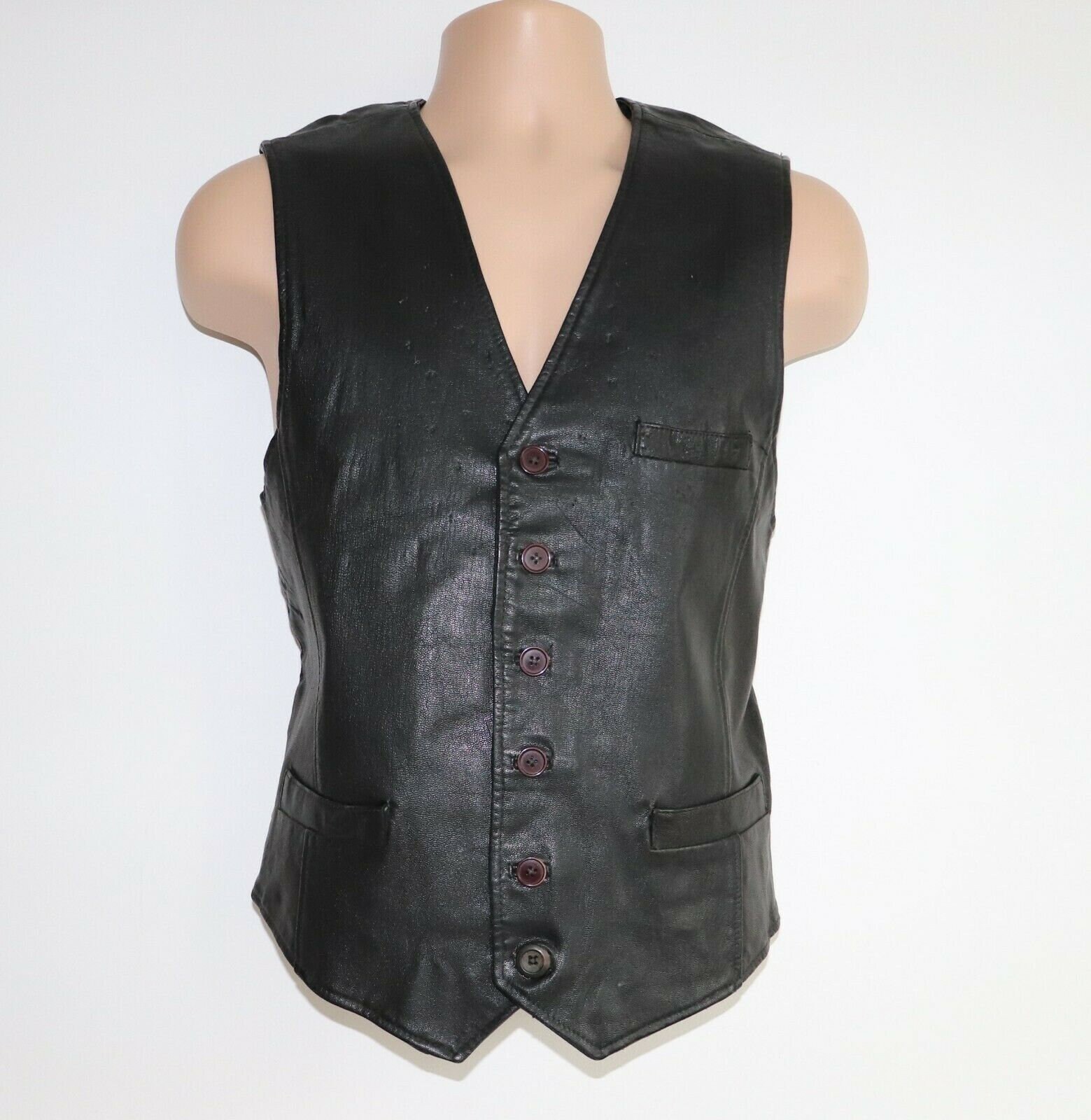 Image of Men's Vintage Black 100% Leather Biker Rocker Waistcoat Vest Size L Pit To 21"