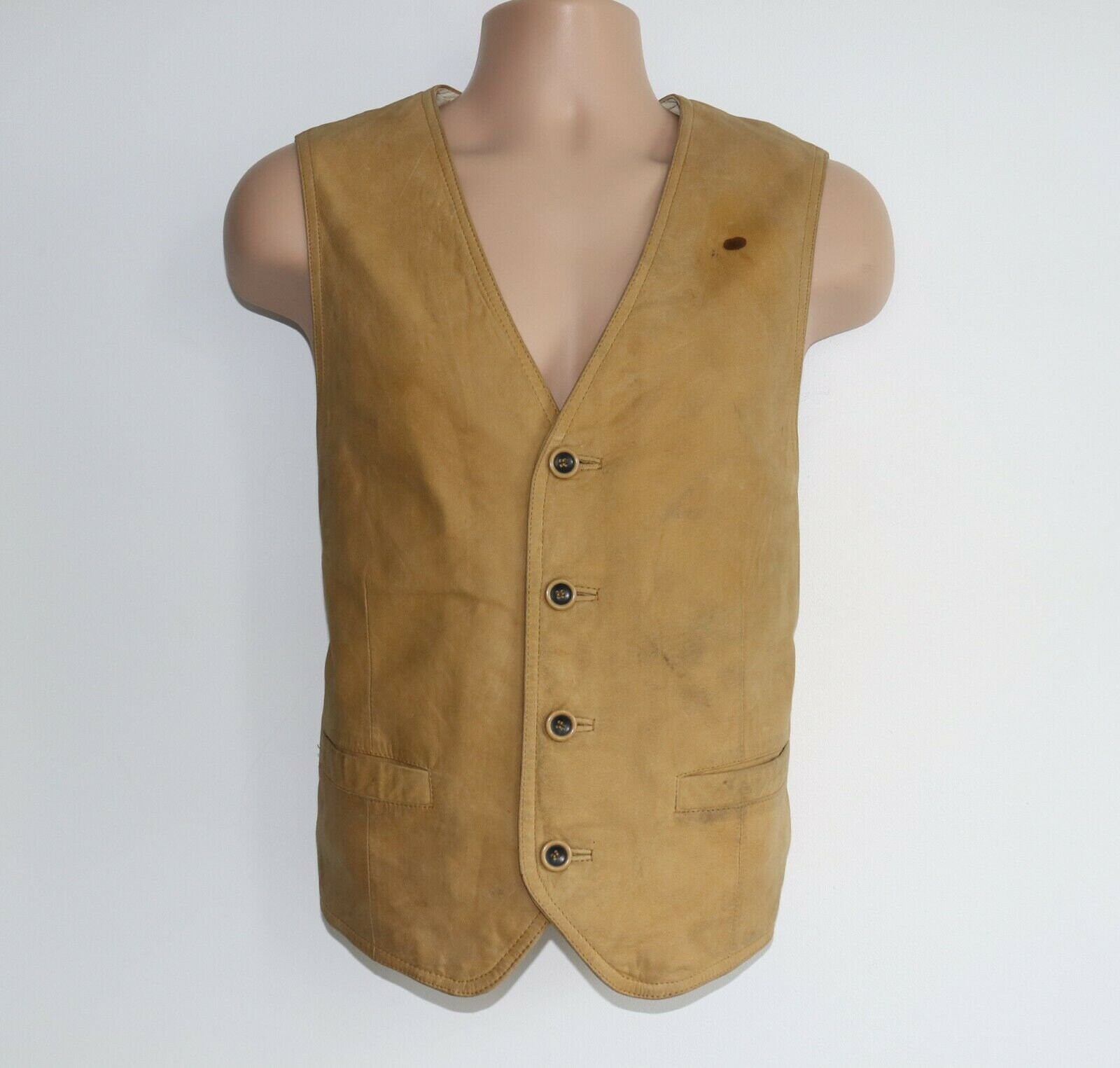 Image of Men's Vintage Fitted Black 100% Leather Waistcoat Vest Size M - L/Pit To 22In 56.5cm