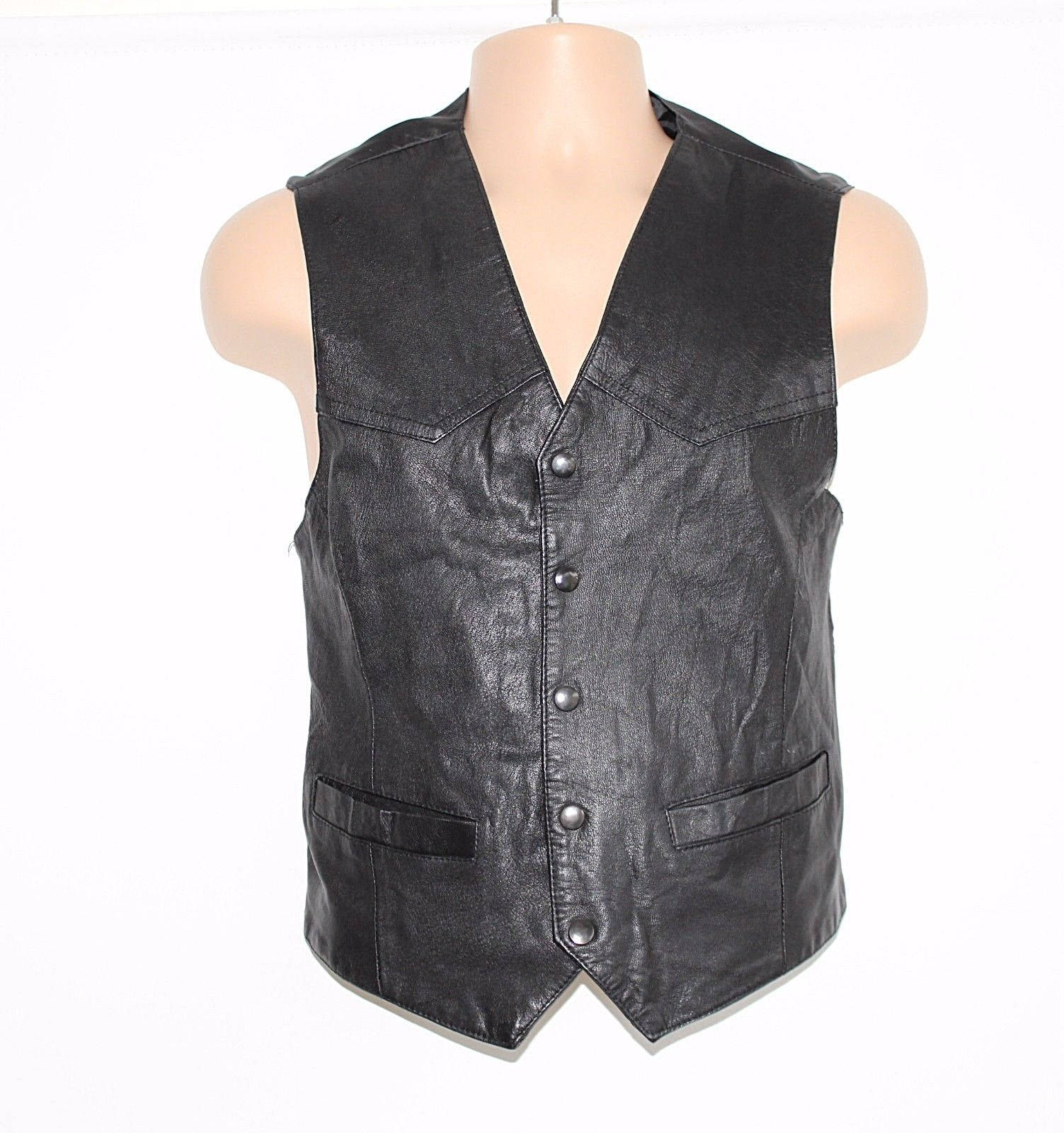 Image of Men's Vintage Leena Studio Fitted Black Front 100% Genuine Leather Waistcoat Vest Size S - M/Pit To 19In 48cm