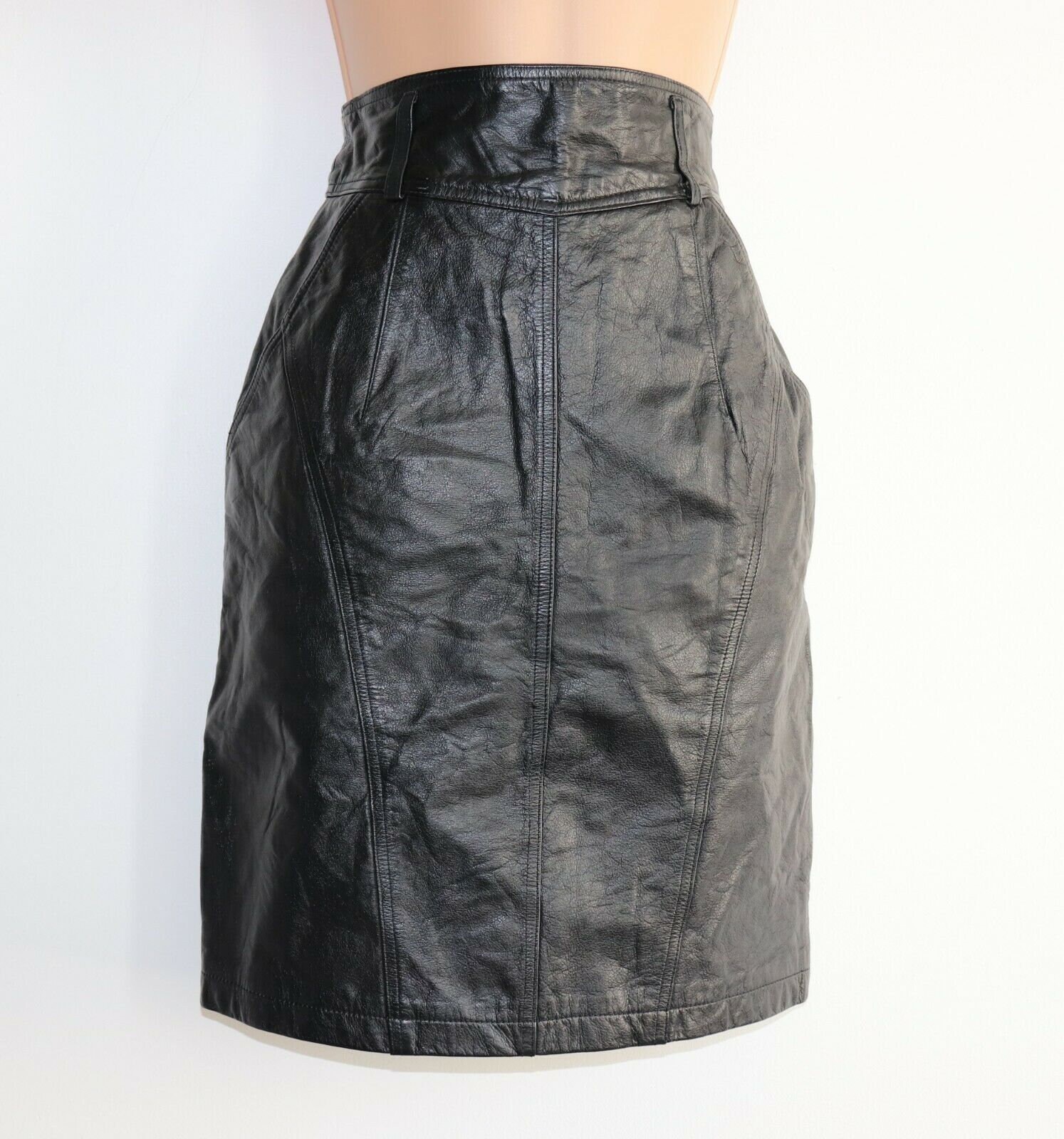 Image of Women's Vintage High Waist Straight Knee Length Black % Leather Skirt Uk/In