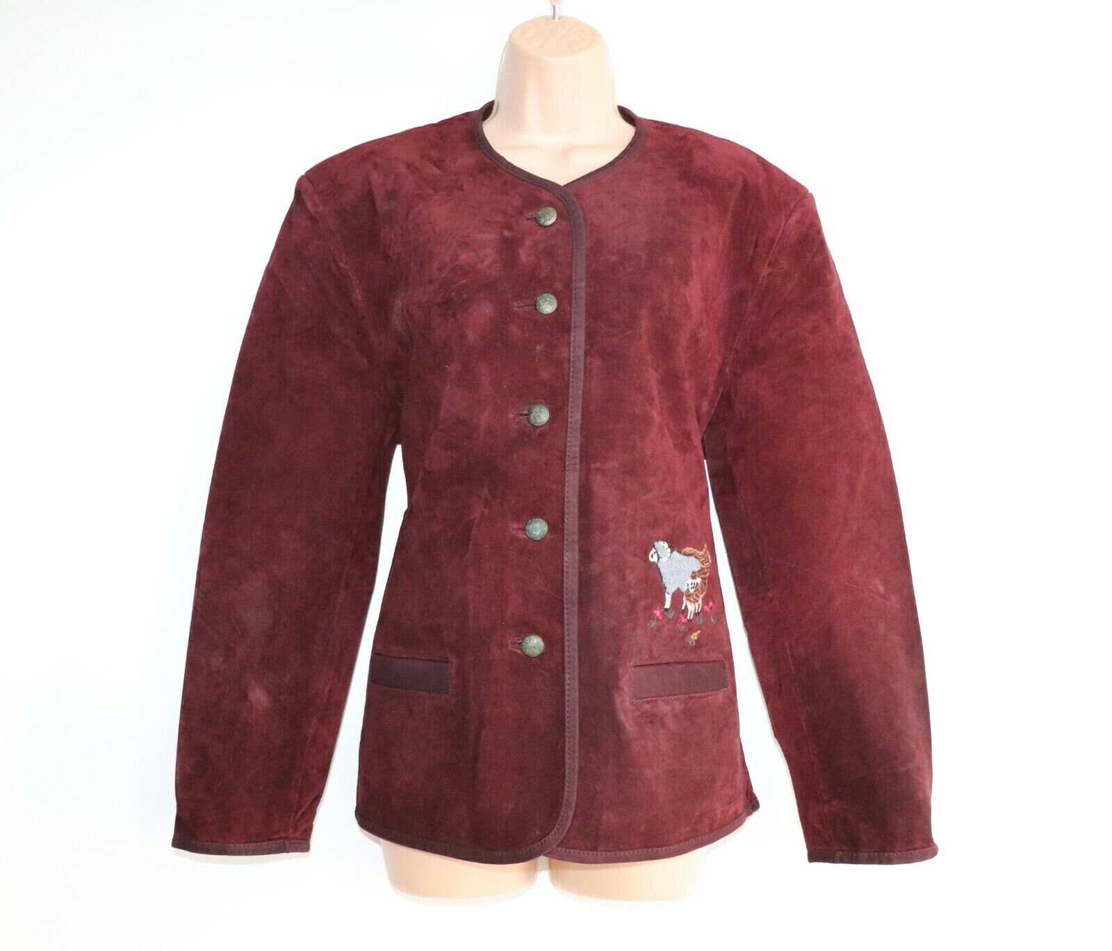 Image of Women's Vintage Leather Sound Embroidered Deep Red % Leather Suede Jacket Coat Uk