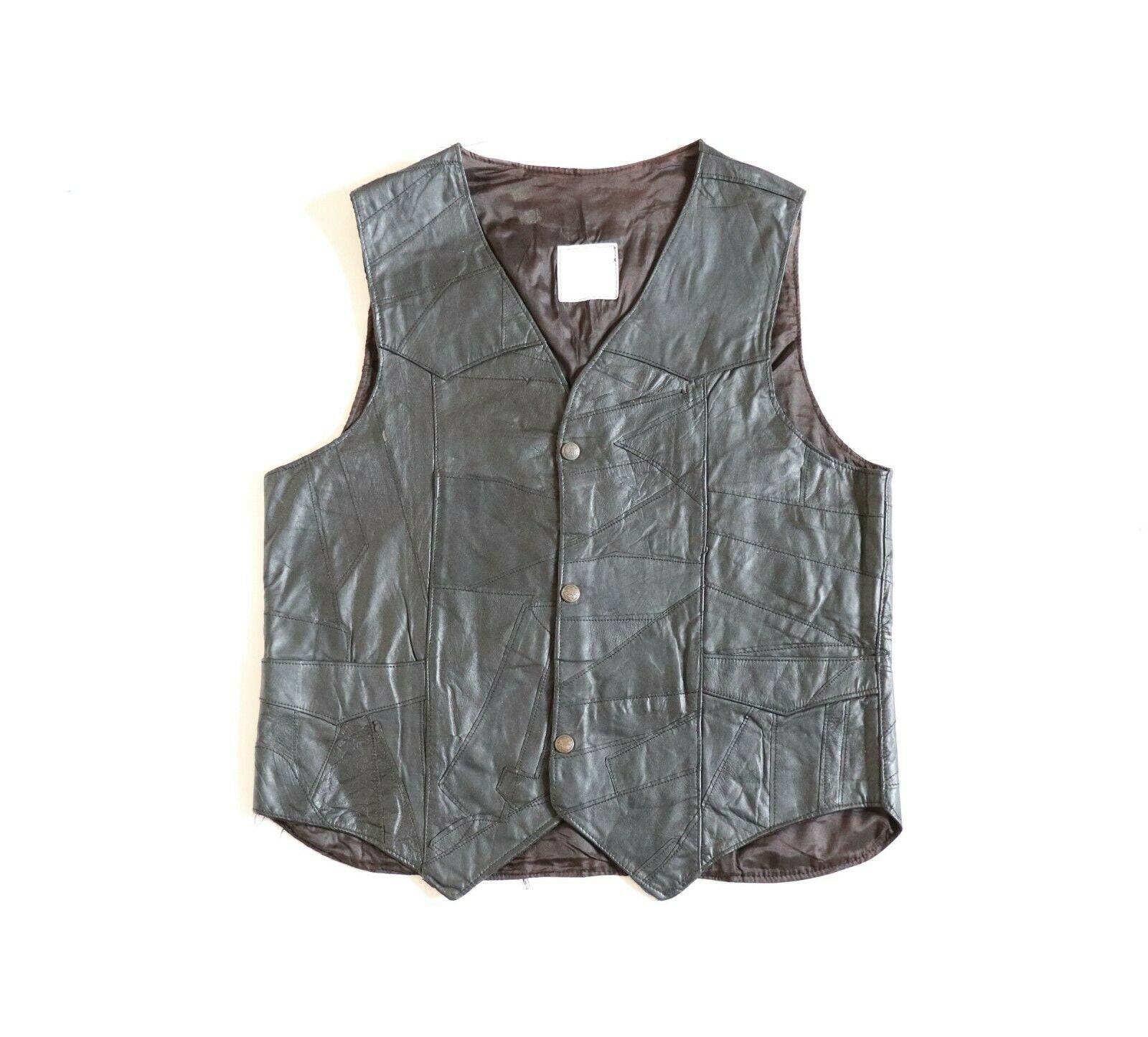 Image of Men's Vintage Patchwork Black 100% Leather Waistcoat Vest Size L/Pit To 21.25In - 54cm