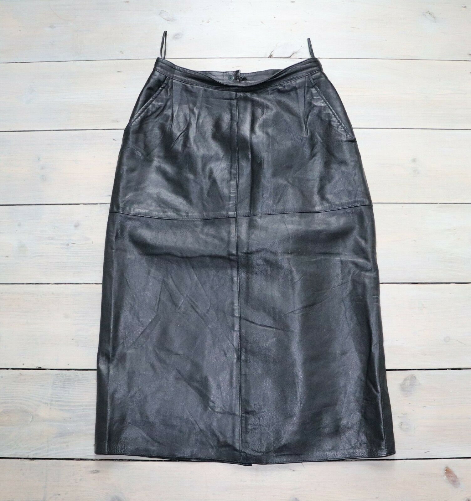 Image of Women's Vintage High Waist Black % Leather Skirt Uk Uk W