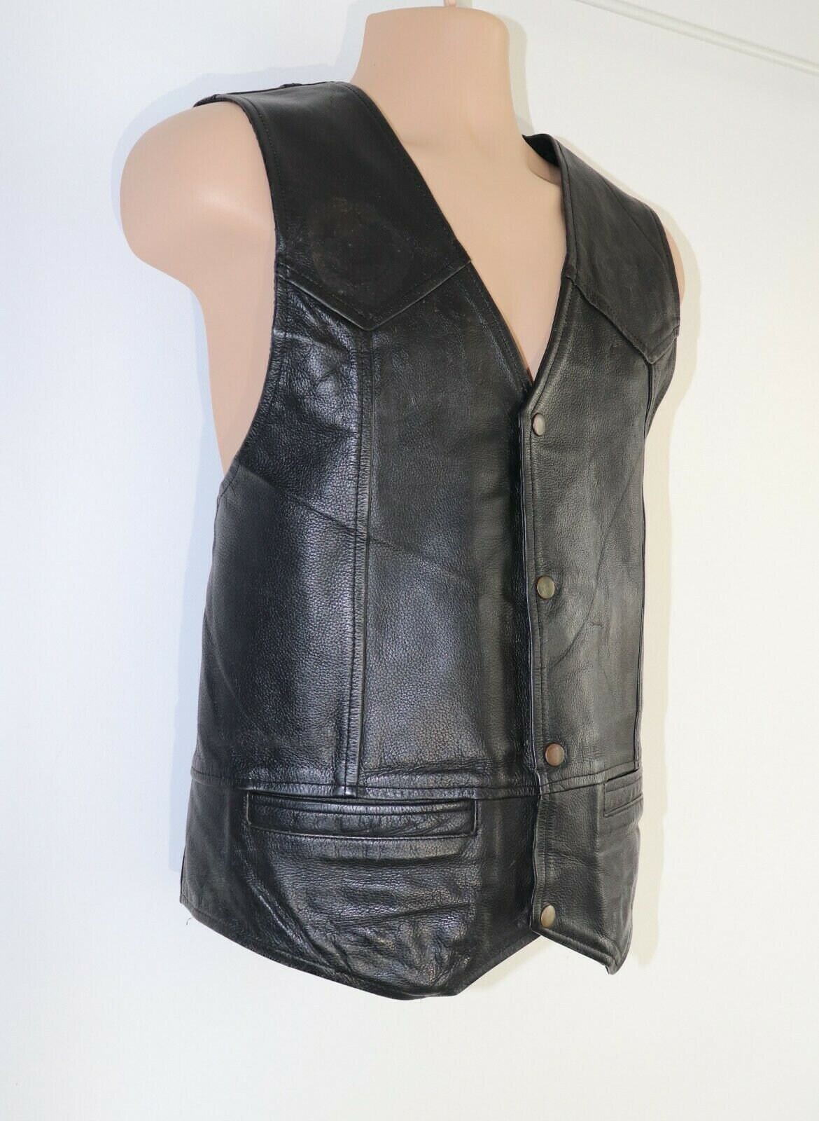 Image of Men's Vintage Held Black 100% Leather Vest Waistcoat Size Xl/Pit To 23In-58cm