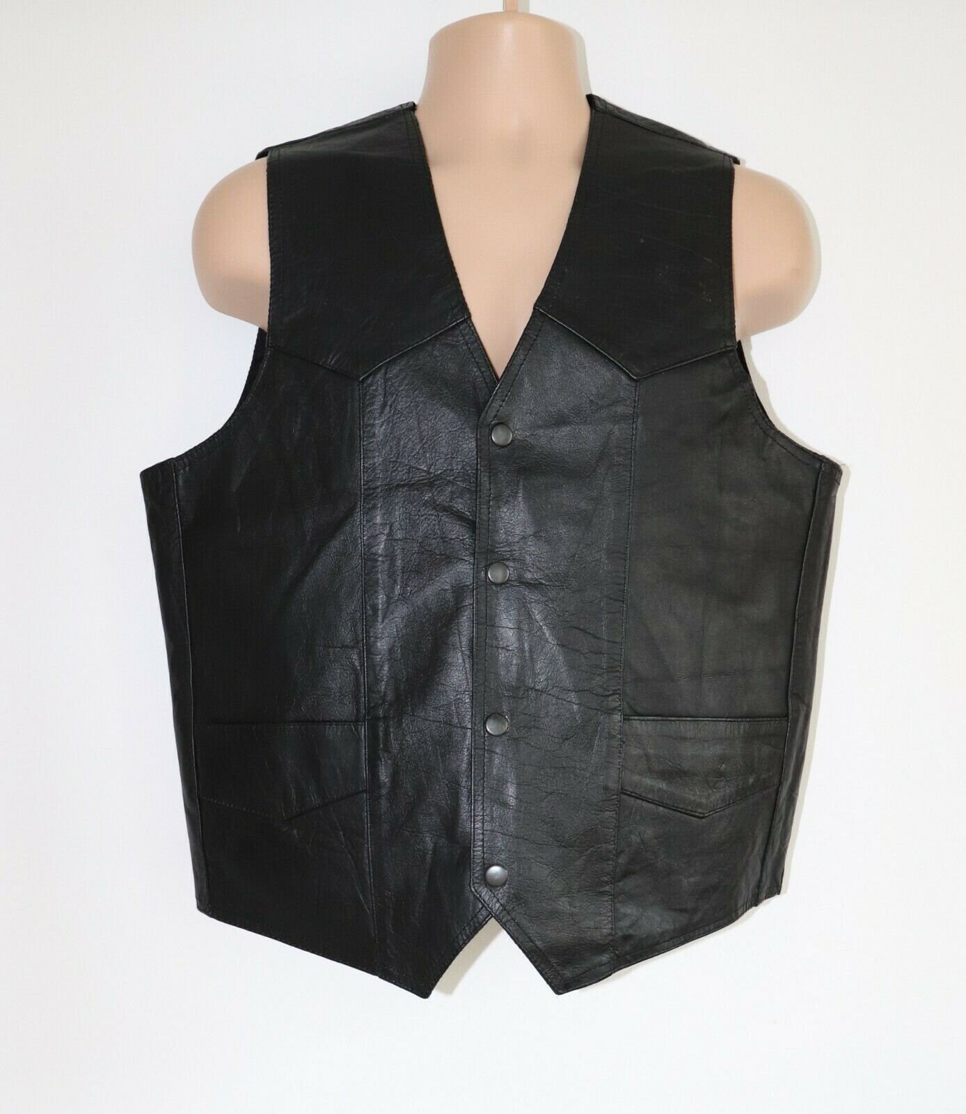 Image of Men's Vintage Lucky Black 100% Leather Rocker Waistcoat Vest Size M-L Pit To 21In-53cm