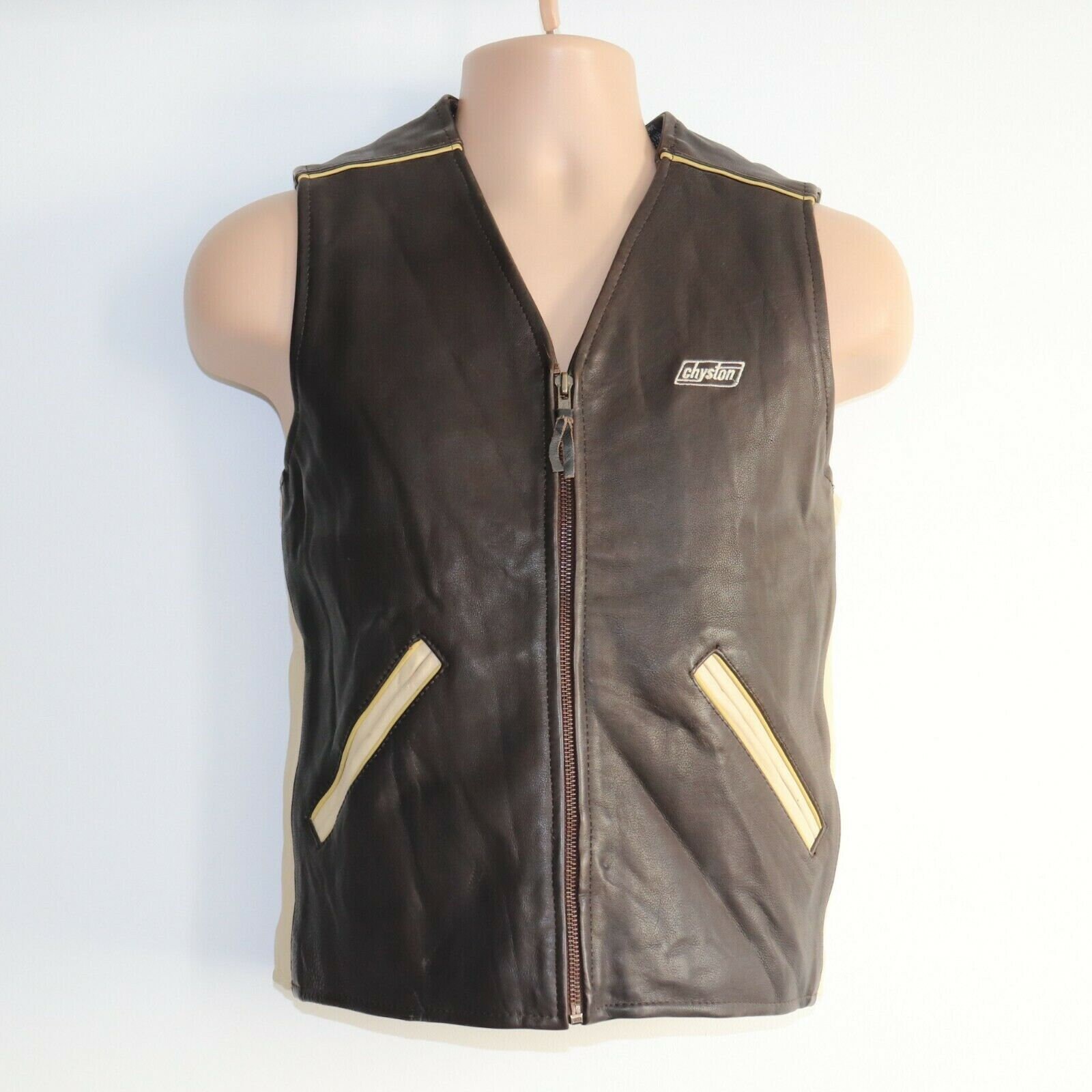 Image of Men's Vintage Chyston Brown Thick 100% Leather Waistcoat Vest Size S/Pit To 20.5In - 52cm