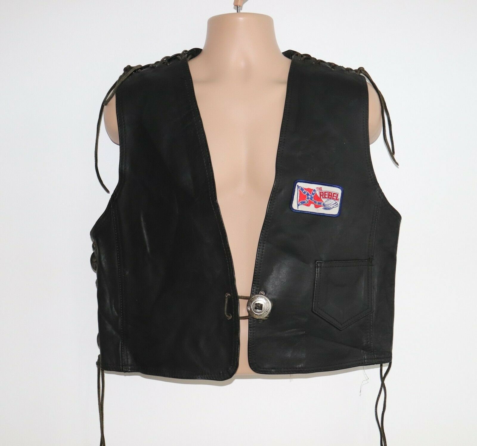 Image of Men's Vintage Lace Up Black 100% Leather Waistcoat Vest Size L Pit To 21In-53cm