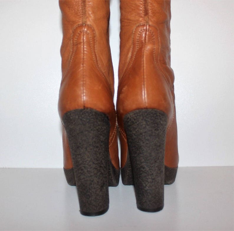 Women/'s Vintage MISS SXTY Tan Real Leather Pull On Platform Boots Size UK2 EU35