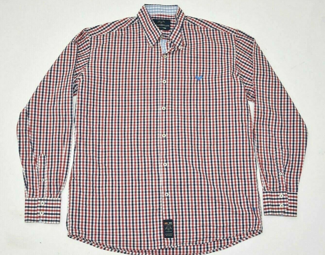Image of Men's Vintage Dos Cabballos Fitted Long Sleeve Red Check Cotton Shirt Size L/Pit To 24.5In - 52cm