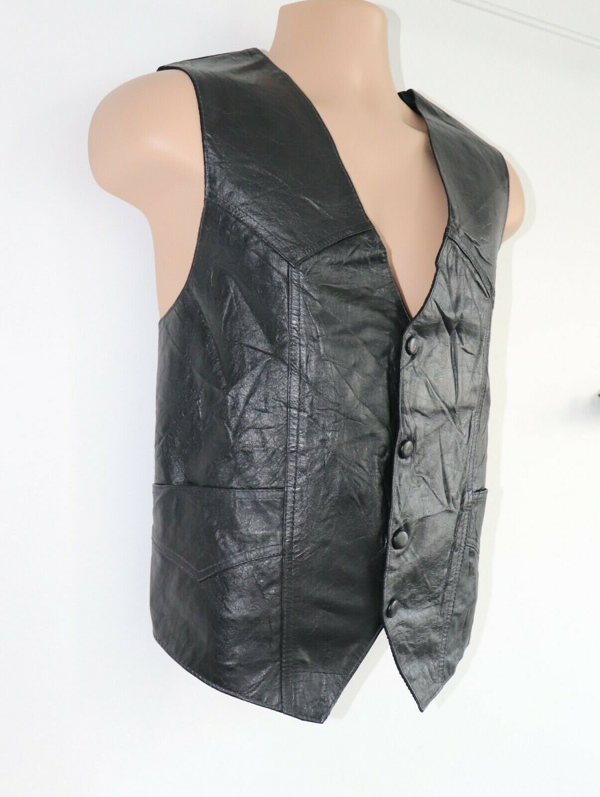 Image of Men's Vintage Black 100% Leather Waistcoat Vest Size Xl/Pit To 22.5In-57cm