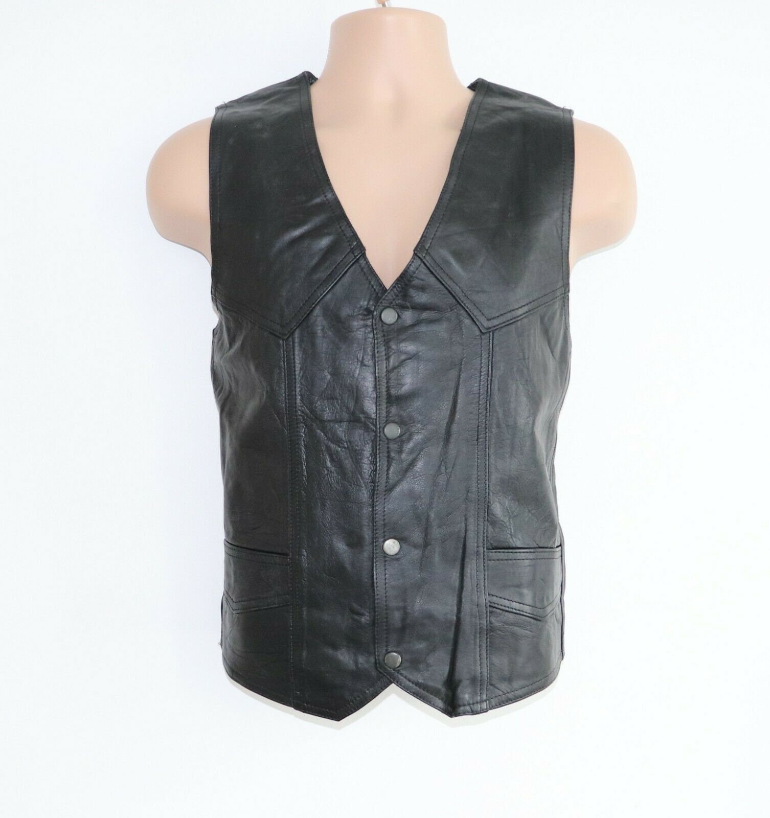 Image of Men's Vintage Fitted Black 100% Leather Waistcoat Vest Size M Pit To 20.5In-53cm