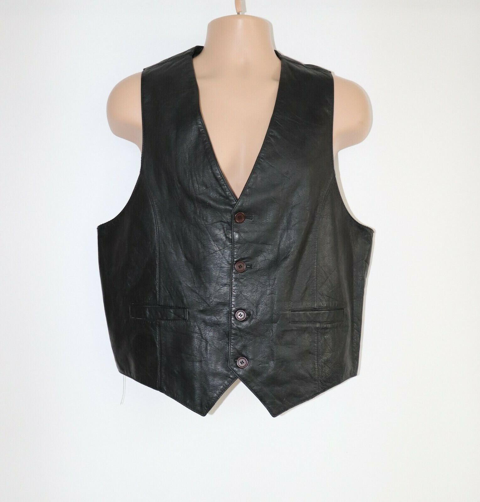 Image of Men's Vintage Fitted Black 100% Leather Biker Rocker Waistcoat Vest Size L/Pit To 21.5In - 55cm