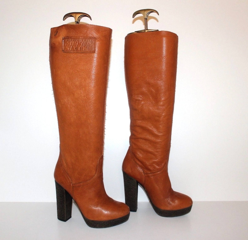 Women/'s Vintage MISS SXTY Tan Real Leather Pull On Platform Boots Size UK2 EU35
