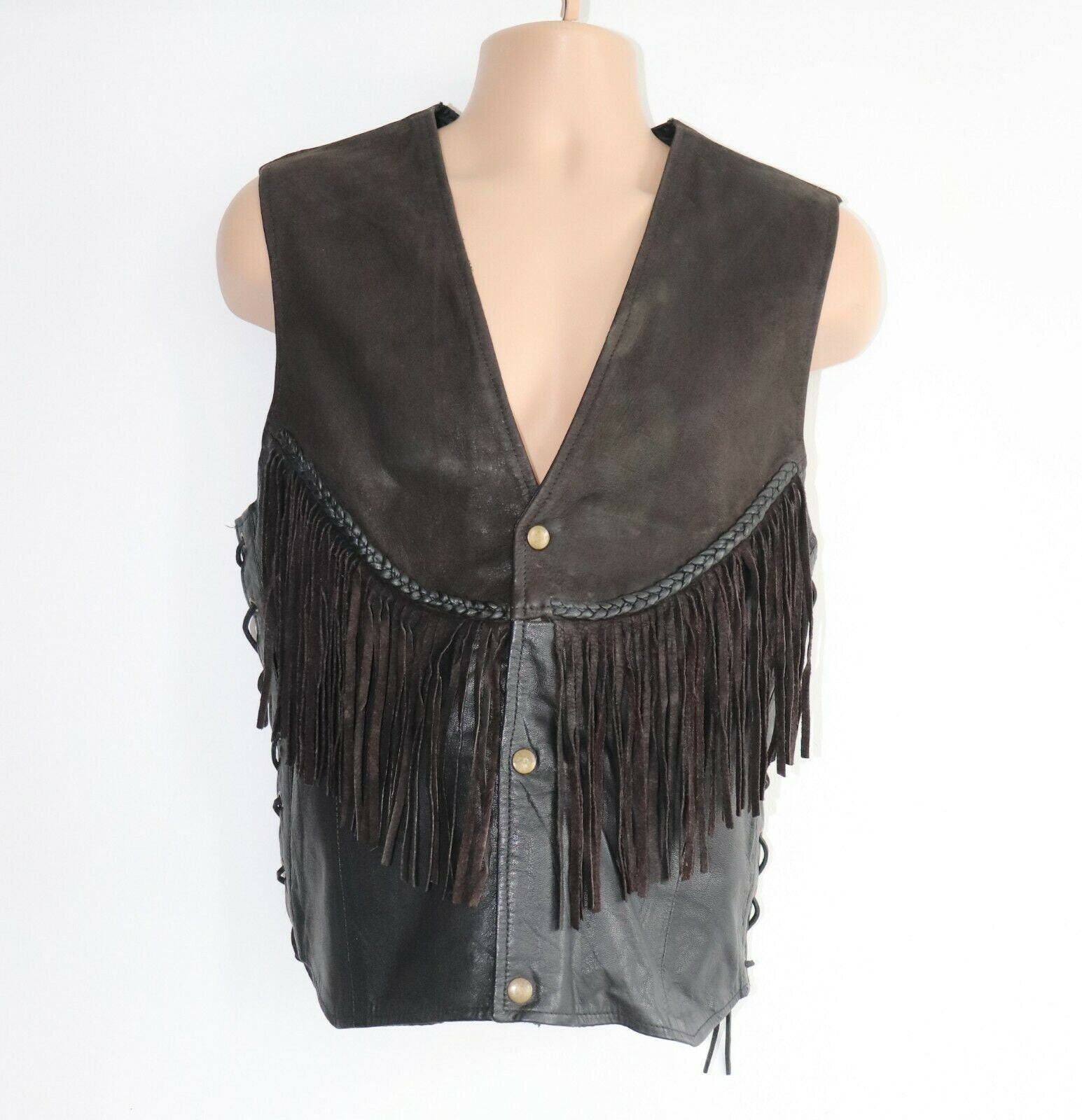 Image of Men's Vintage C&a Canda Fitted Lace Up Tassel Black Brown 100% Leather Waistcoat Vest Size L Xl/Pit To 22In - 56cm