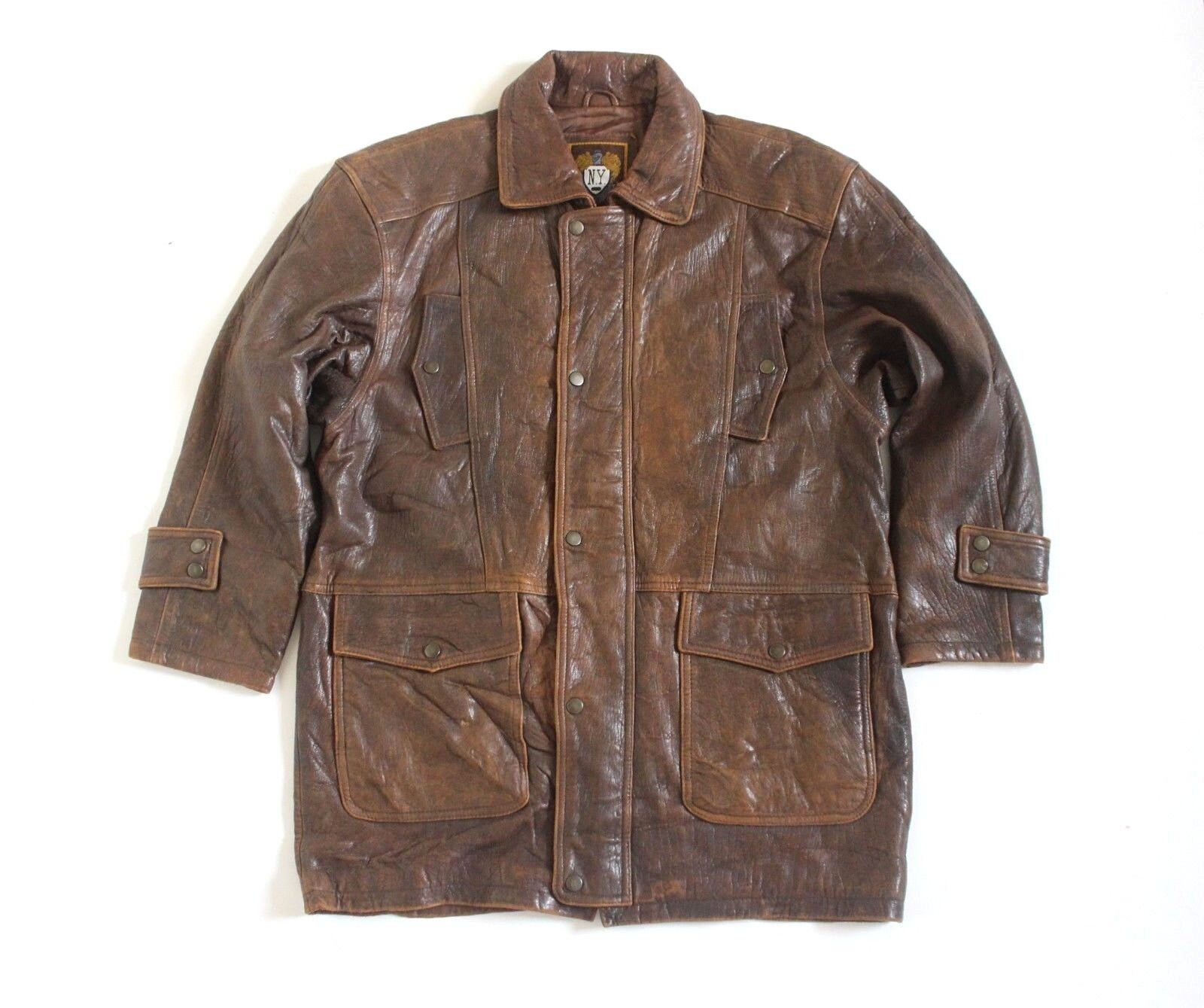 Image of Men's Vintage N.y. Brown Distressed 100% Leather Parka Jacket Coat Size M L Pit To 24In