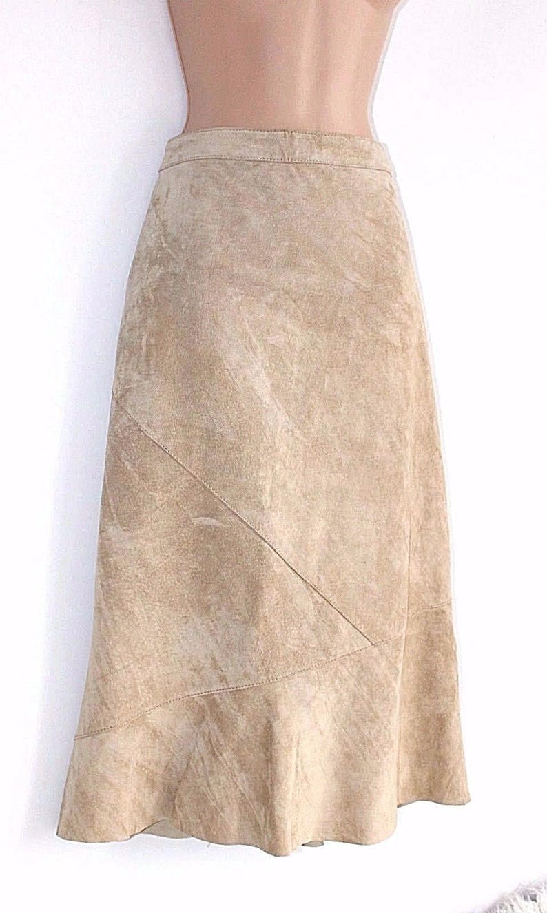 Women/'s Vintage ESTELLE Mid Calf Beige 100/% Leather Suede Skirt size UK12 Waist 30