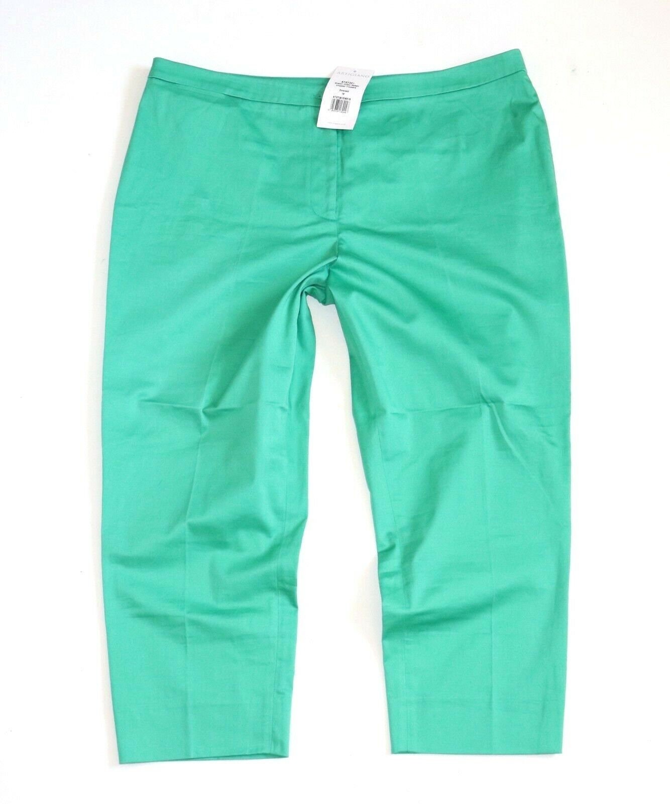 Image of Women's Vintage Artigiano Zip Fly High Waist Stretch Emerald Green Cotton Satin Cropped Pants Trousers Size Uk L
