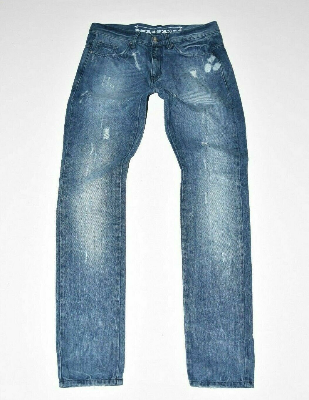 Image of Men's Vintage Never Denim Zip Fly Distressed Ripped Skinny Blue Denim Jeans Size Waist 30In Length 34In