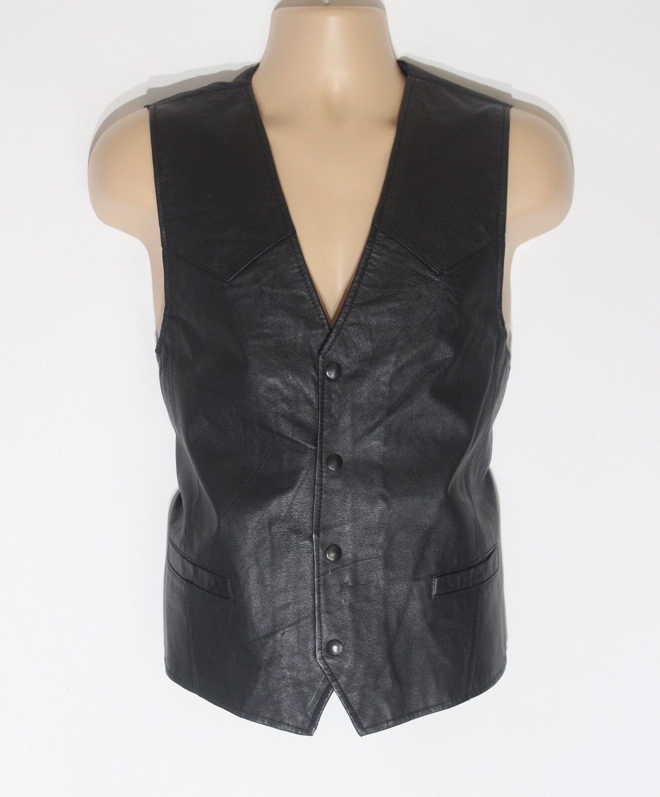 Image of Men's Vintage Fitted Biker Popper Black Front Genuine Leather Waistcoat Vest Size M/Pit To 21In - 53cm
